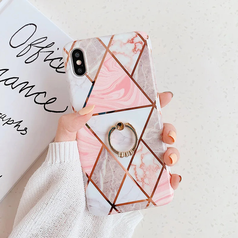 e Чехол для телефона LOVECOM для iPhone 11 Pro XR XS Max 6 6S 7 8 Plus X Мягкая Гальваническая мраморная задняя крышка с кольцом на палец - Цвет: e