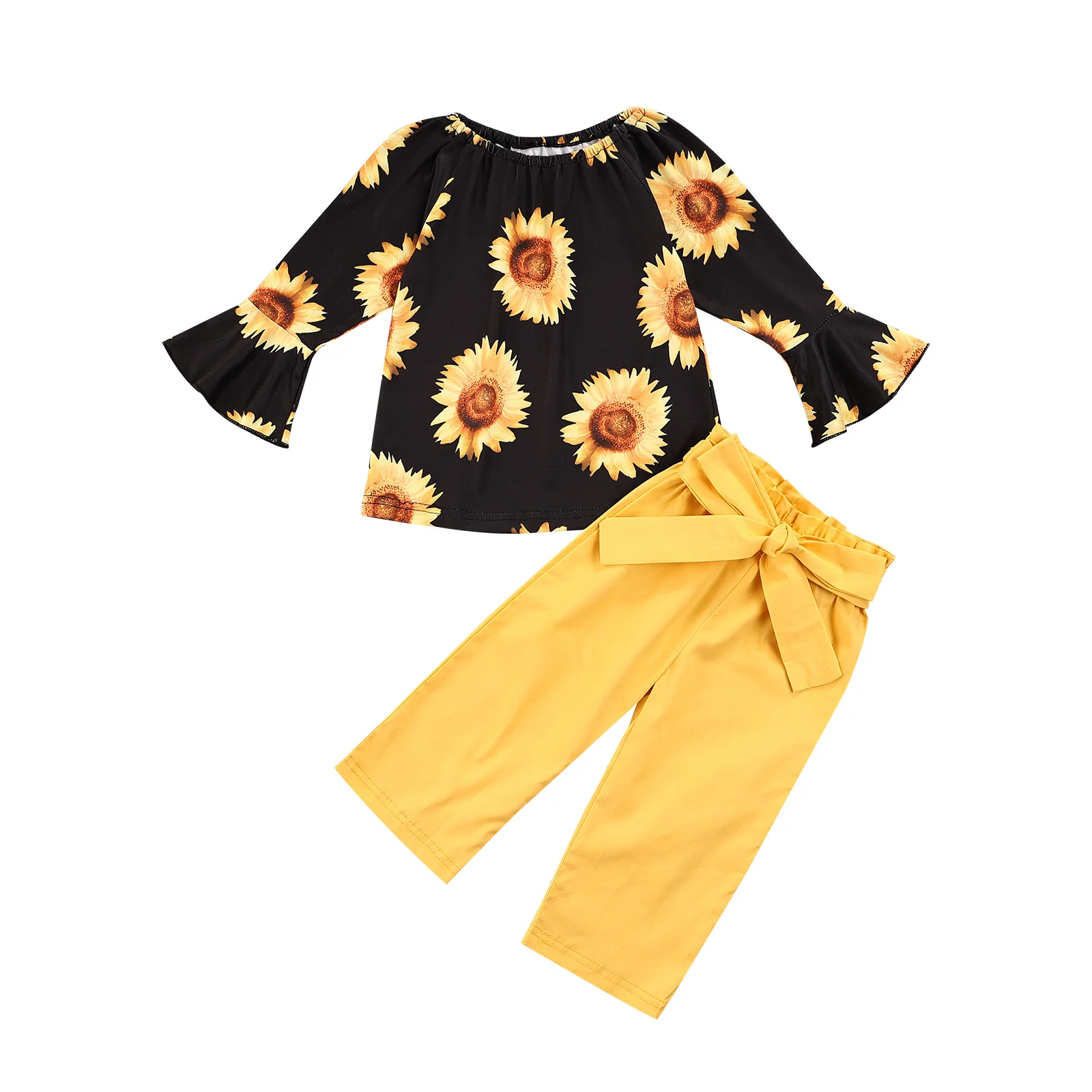 

2Pcs Baby Girls Autumn Tracksuit Sunflower Print Flare Sleeve Pullover Tops Solid Color Bow Pants 6 Months to 4 Years