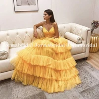 mustard yellow tulle prom dresses with tiered ruffles skirt 2021 v neck backless celebrity dress formal long dress for women
