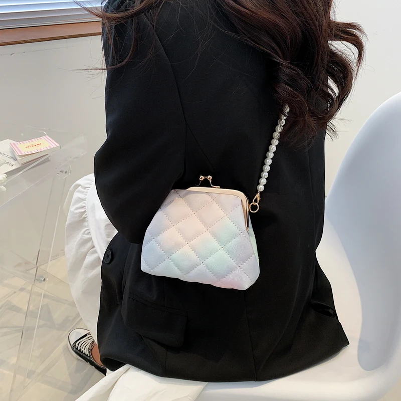 

2021 Brand Designer Plaid Quilted Women's Crossbody Bag Fashion Pearl Messenger Bag Small Square Lady Shoulder Bag