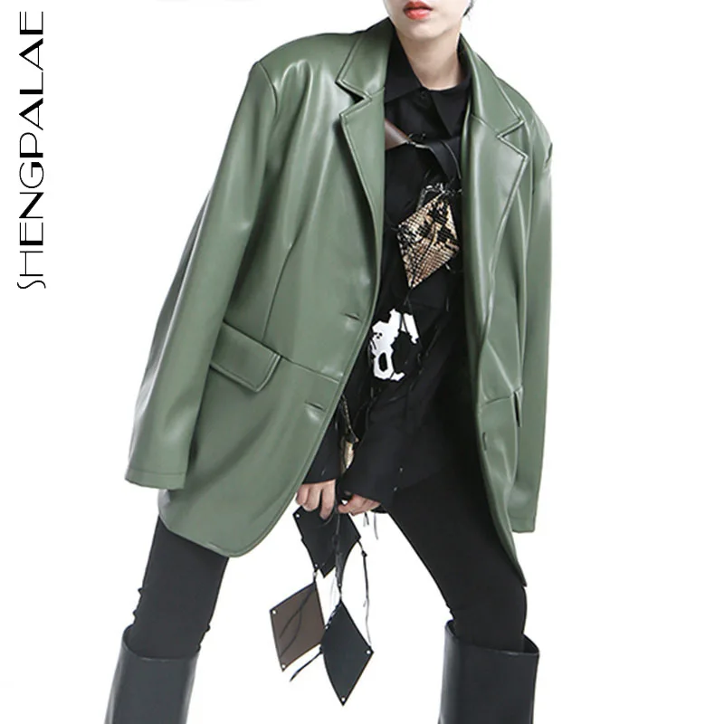 

SHENGPALAE Streetwear PU Leather Jacket Women's Autumn 2021 New Laple Loose Single Breasted Long Sleeve Coat Female Tide 5E4184
