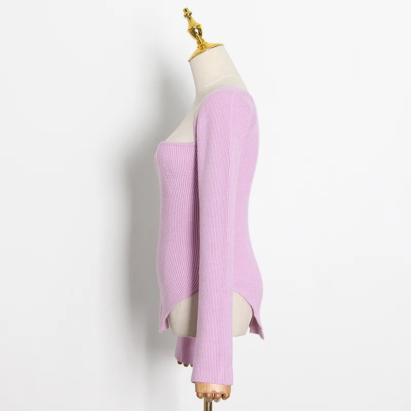

Female Sexy Sweaters Square Collar Long Sleeve Elegant Side Split Knitted Women's Sweater Fashion New Clothing