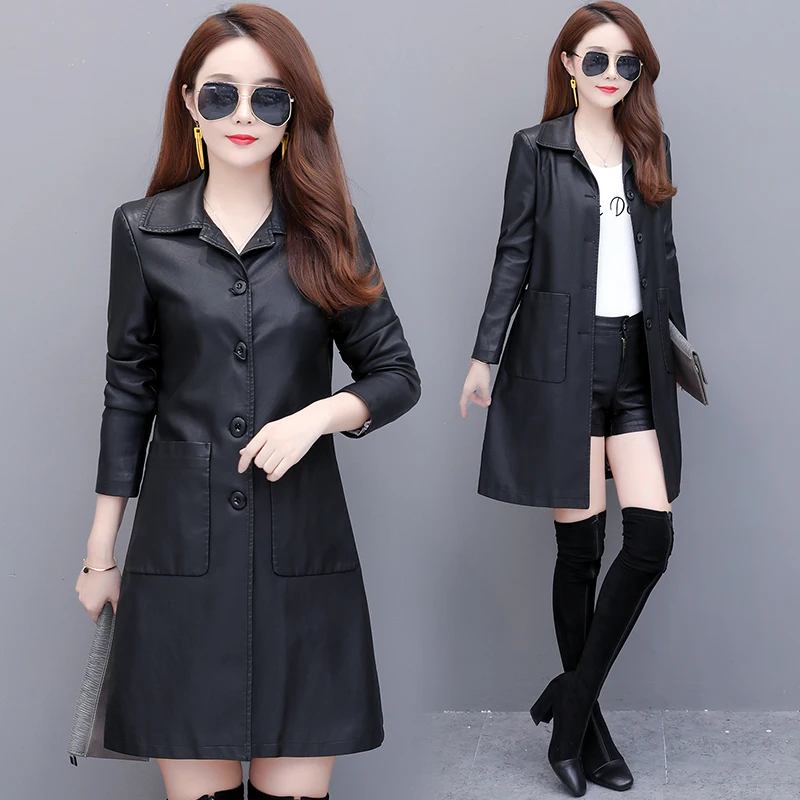 Весенняя куртка Женское пальто из искусственной кожи средней длины осенняя