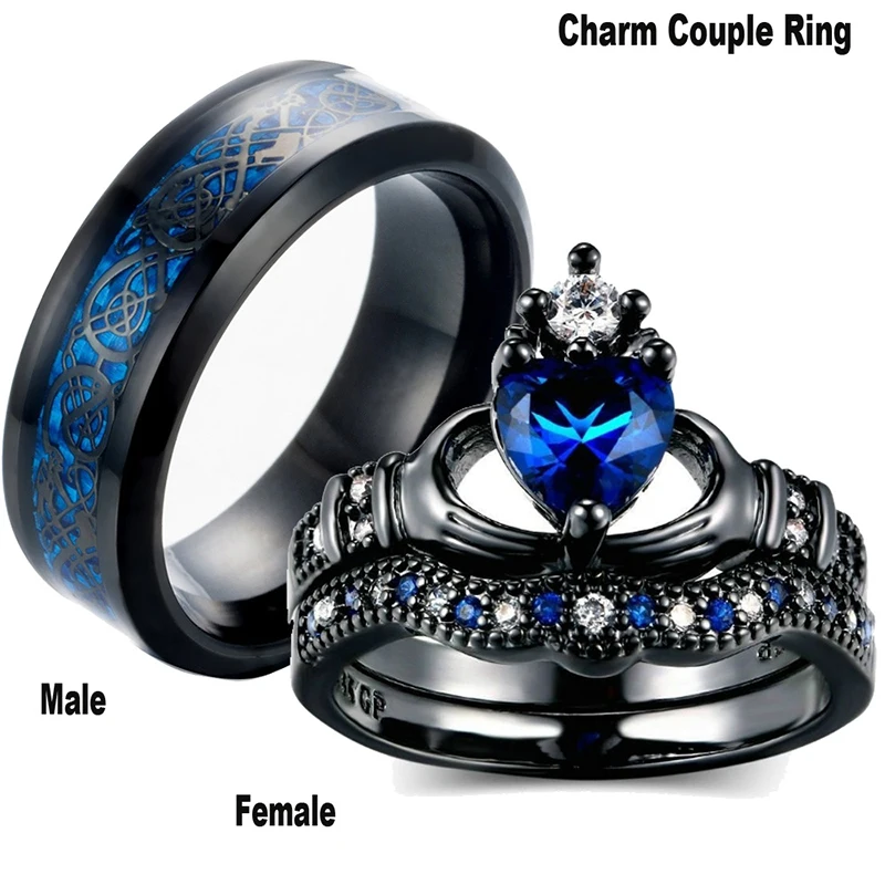 

Charm Couple Ring Stainless Steel Black Men's Ring Blue Zircon Ladies Ring Set Valentine's Day Wedding Metal Ring