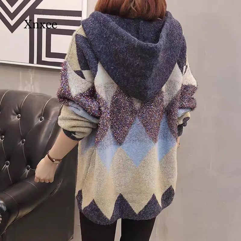 

Women Patchwork Hooded Pullover Sweater Casual Lace up Loose Sweater Basic Chic Autumn New Soft Knitted Coat