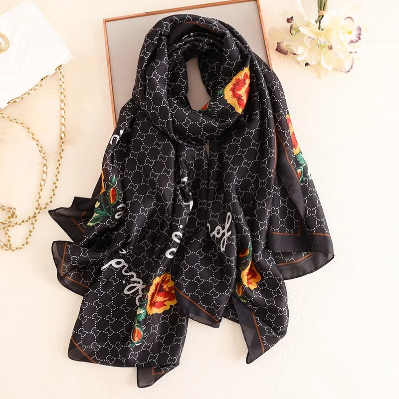 

Yulaili Women Silk Scarf Fashion Flower Print Head Scarves Lady Black Shawls Silk Female Scarf Foulard Satin Hijab Wholesale