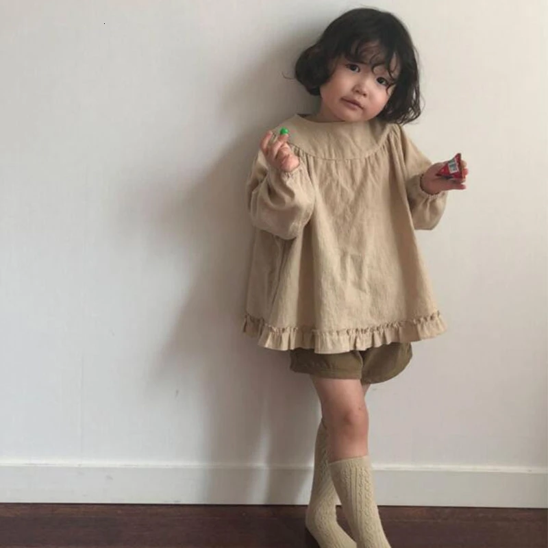 2020 г. Весенние блузки для маленьких девочек Осенняя хлопковая льняная рубашка