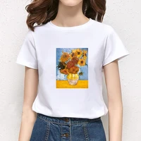 women sunflower oil painting girl cartoon short sleeve spring summer lady clothes tops clothing tees print female tshirt t shirt