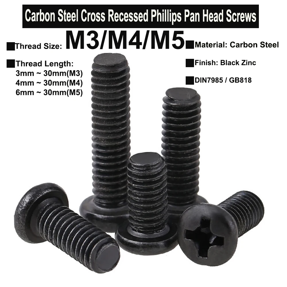 

30/20/10Pcs M3 M4 M5 Carbon Steel Cross Recessed Pan Head Phillips Screws Black Zinc Plated Electronic Screws DIN7985 GB818