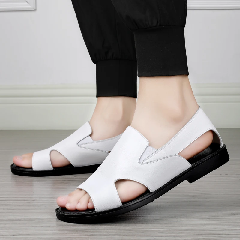 

ZSAUAN Size 5-10.5 Casual Comfortable Flat Sandals for Men Barefoot Roman Slip-on White Black Cow Split Leather Summer Men Shoes