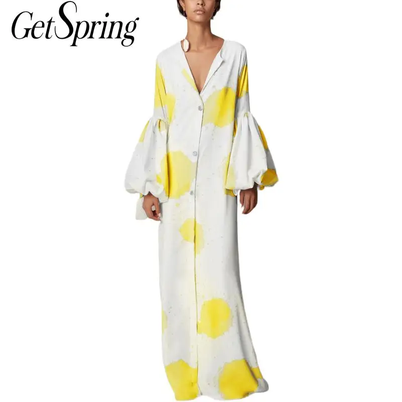 GETSRING женское платье Ретро стиль винтажное v образный вырез рукав фонарик в