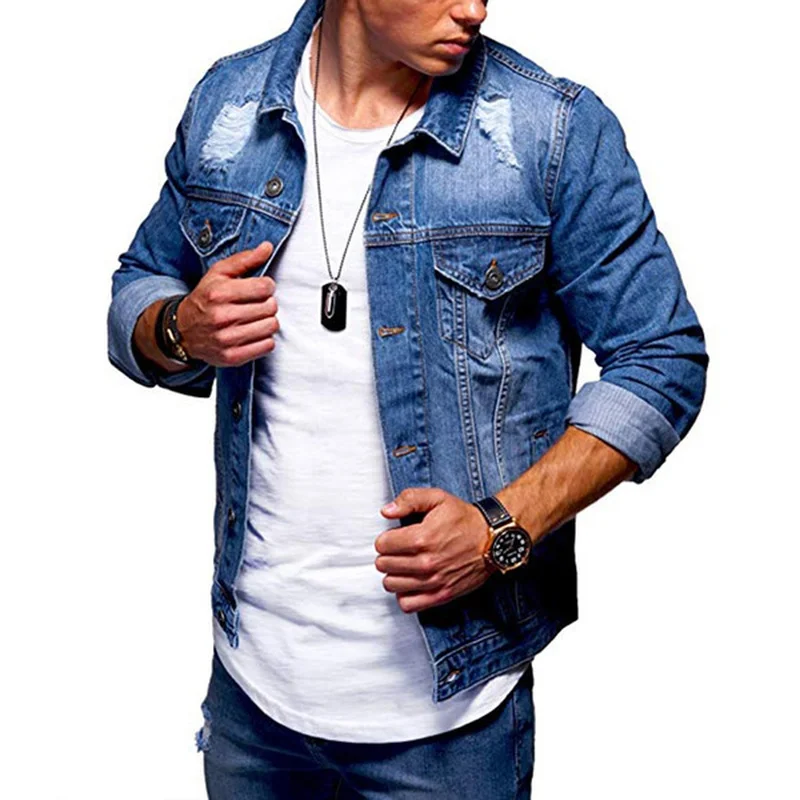

Jeans Jakcet Coat Men Hole Denim Jackets Male 2021 Spring Autumn Mens Clothing Streetwear Casual Button Slim Fit Jean Coats