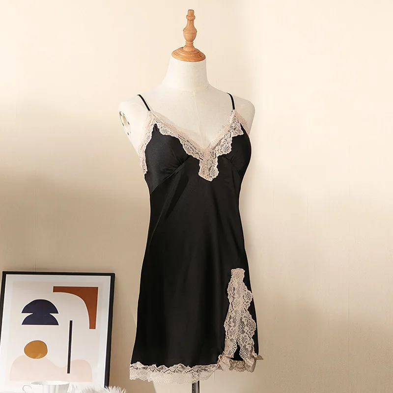 

Spaghetti Strap Nightgown Women Sexy Lace Trim Split Nightdress Sleepwear Summer Faux Silk Satin Above Knee Bathrobe Home Dress