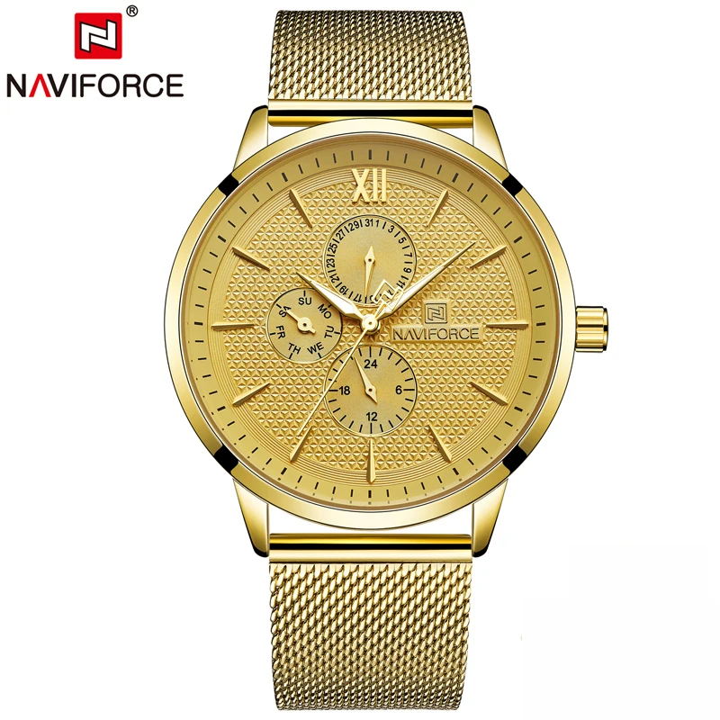Gold NAVIFORCE Лидирующий бренд, роскошные часы для мужчин, золотые кварцевые часы для мужчин, деловые мужские часы, повседневные полностью стальные часы, мужские часы, мужские часы - Цвет: Gold