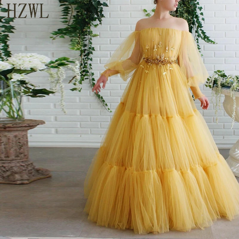 

Yellow Bumblebee Color Long Sleeve Sheer Neck Tulle Prom Dresses 2020 Crystal Applique A-Line Evening Dress vestidos formales