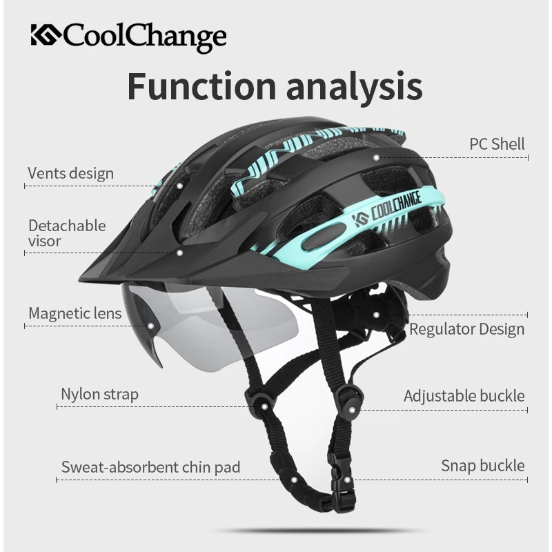 

CoolChange Cycling Safety Helmet Integrally-molded Bicycle Helmet Men women Removable Lens Visor Mountain Road Bike Helmet