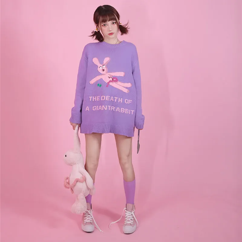 Harajuku Винтаж ins Горячие теплые зимние фиолетовые kawaii милый Лолита Кролик шаблон вязаные свитера с вырезом для женщин топ YQ-1068