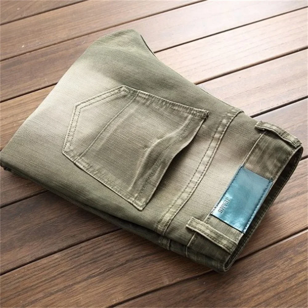 EH·MD® Pleated Hole Patch Army Green  Jeans Men's Cotton Soft Small Straight High Street Personalized Slim Pants Motorcycle New