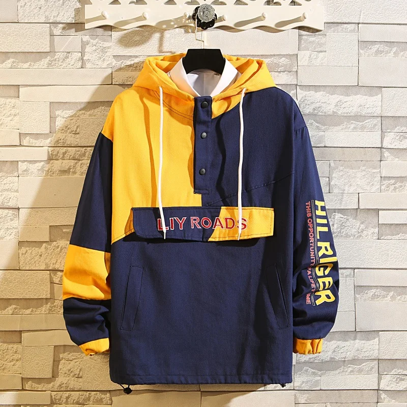 

Pockets Half Zipper Pullover Windbreaker Track Jackets Men Autumn Hip Hop Harajuku Coats Streetwear Male Color Hooded Jacket