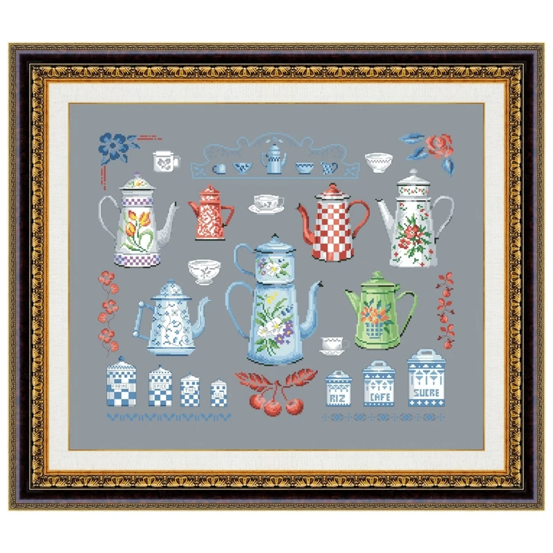 

Collection of coffee makers cross stitch kits pattern design 18ct 14ct 11ct deep gray canvas embroidery DIY needlework