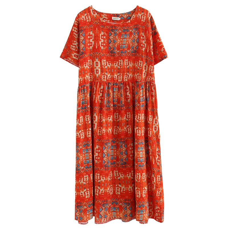 2021 Новое летнее платье граффити винтажное хлопковое льняное с коротким рукавом О