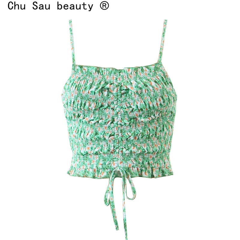 

Sexy Vacation Halter Floral Print High Waist Stretch Pleated Drawstring Lace Short Sling Crop Top Women Camis