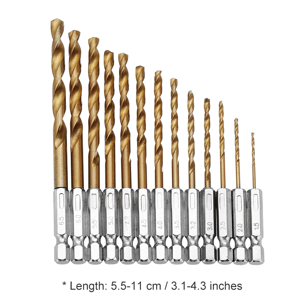 

13Pcs 1/4 Hex Shank Bit HSS Titanium Coated Drill Bit Replaceable Woodworking Drilling Rotary High Hardness Drilling Tool