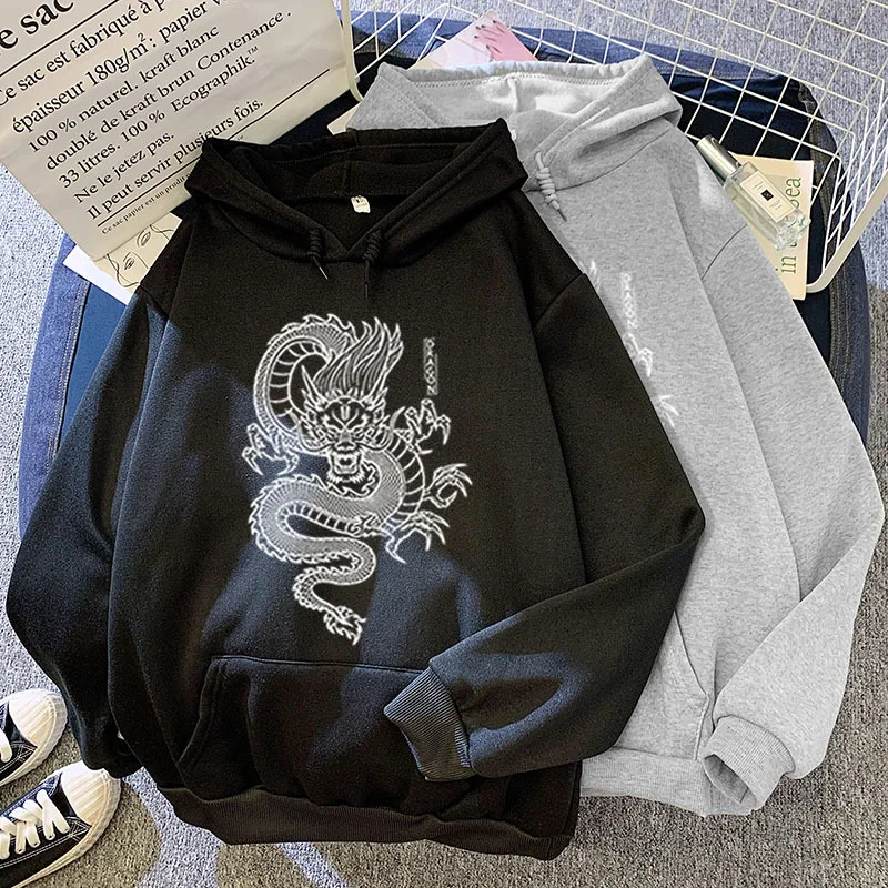 

Autumn and Winter Candy-Colored Sweatshirt White Dragon Printed Pattern Hooded Oversized Hoodie Fall 2020 Women Clothing