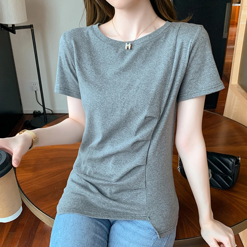 

LJSXLS 2021 New Folds Irregular Women's T-shirt Solid O-Neck Short Sleeve Tshirt Female Summer Casual Cotton Top Mujer Femme