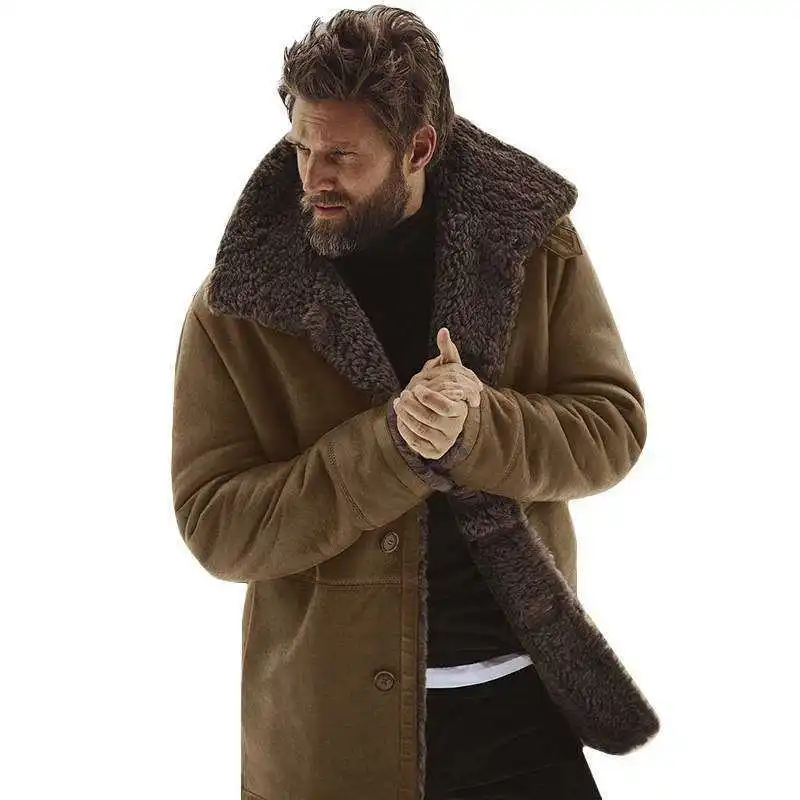 

Warm Coat Fur Parka Lined Mens Lapel Winter Fluffy Trench Casual Jacket Fleece Long thickening men's overcoat