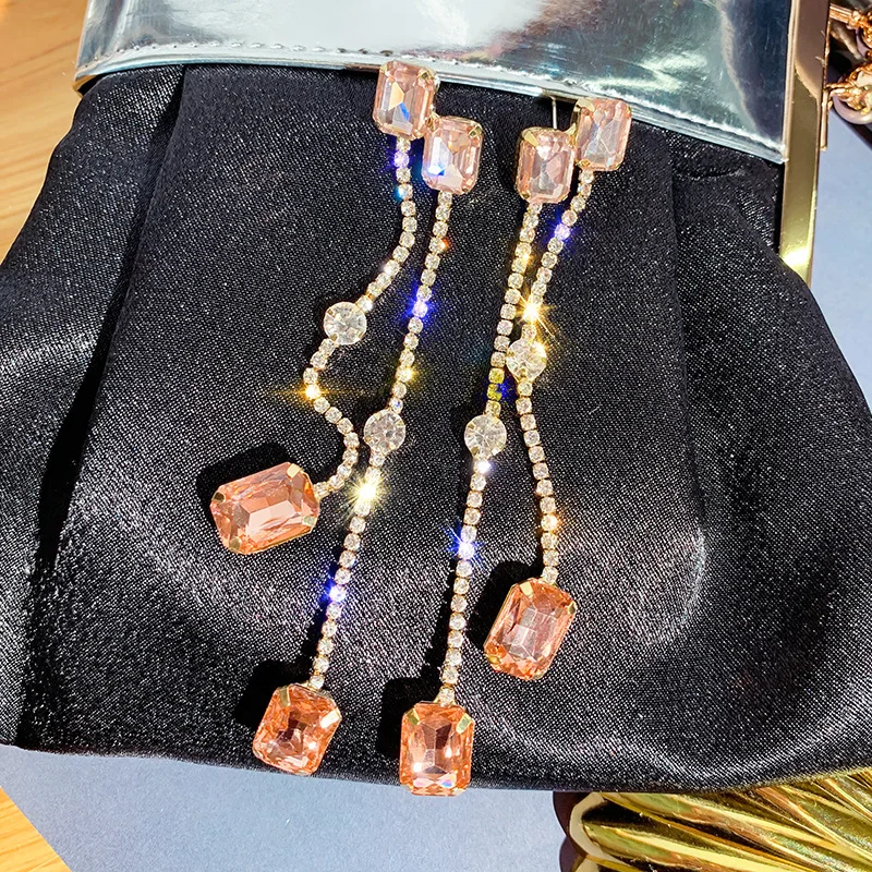 Ajojewel, 4 цвета, женские длинные серьги с кристаллами, фиолетовые, цвета шампанского, зеленые, синие, каменные, Золотая кисточка, серьги