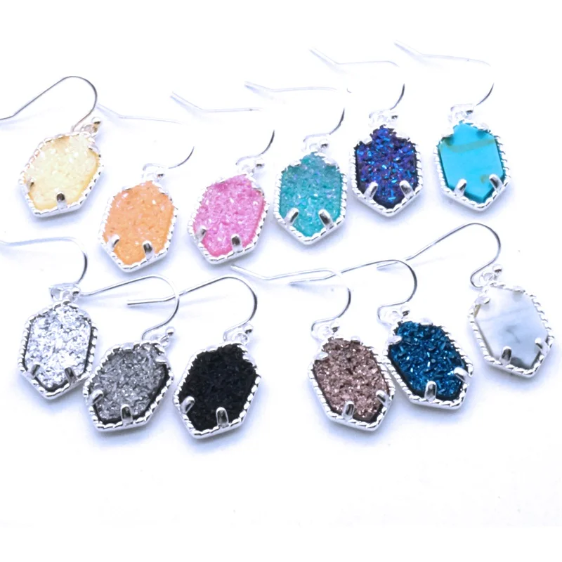 Овальные Druzy Drusy Висячие серьги Золотой шестигранник очаровательные брендовые