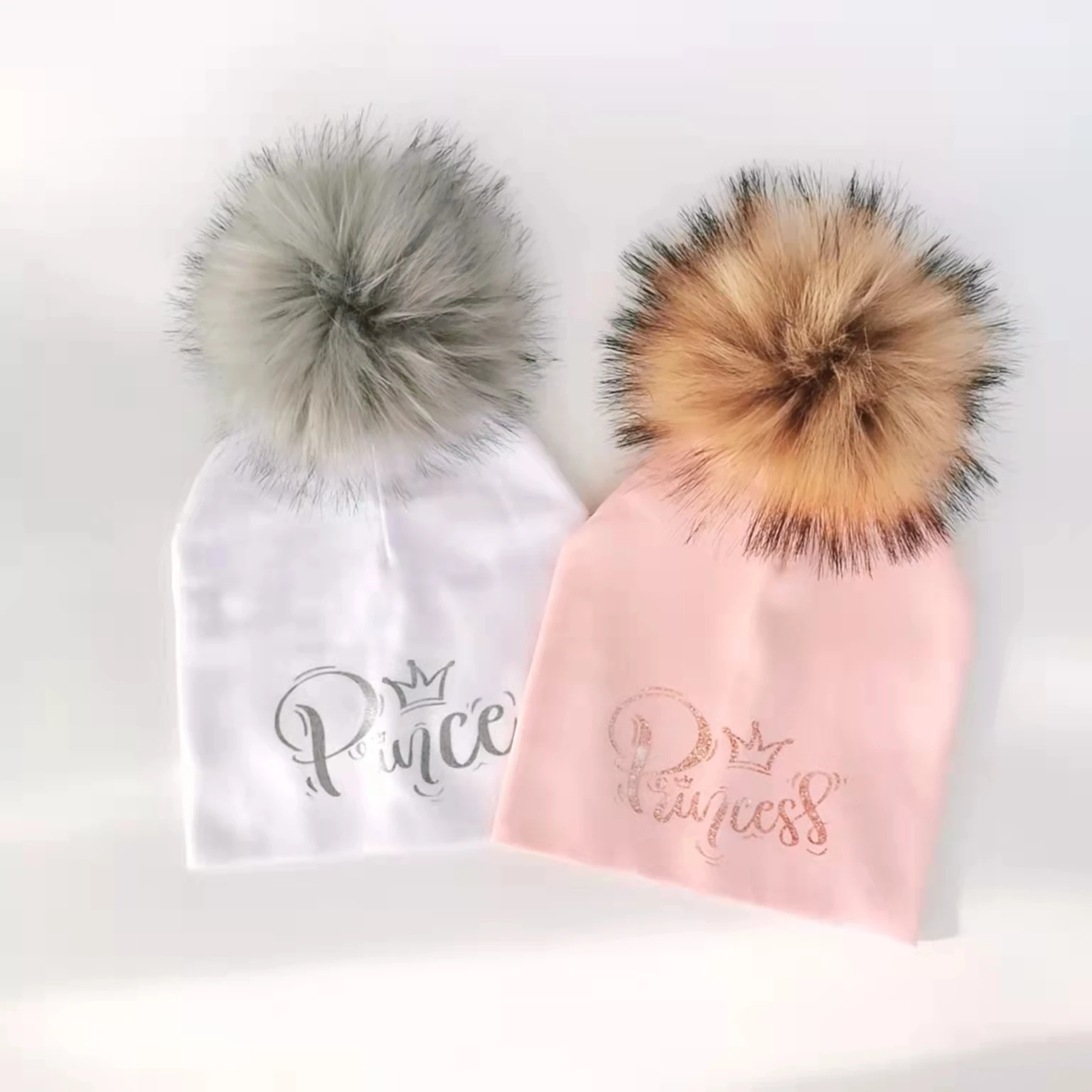 newborn fashion silver princess prince letter crown toddlers infant baby winter pompom hat for girls boys cap for baby kid child