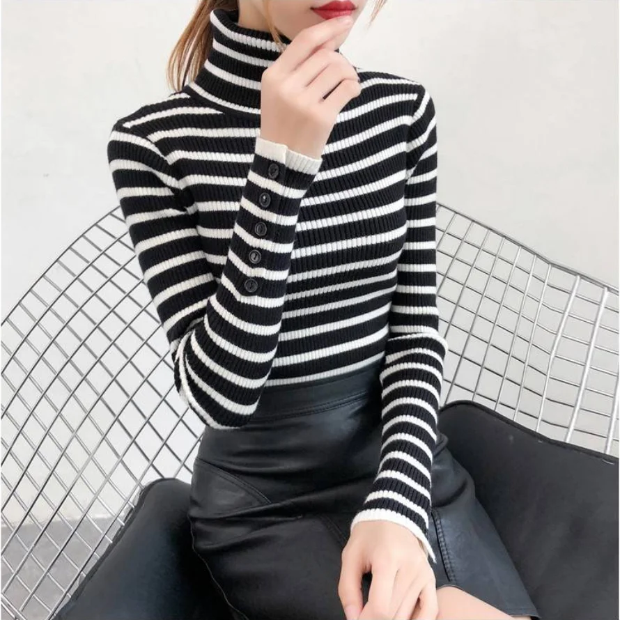 Водолазка джемпер женский 2021 осень зима Повседневный полосатый облегающий