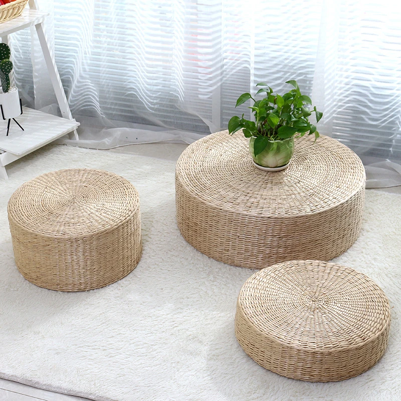 

Rustic Floor Cushion 30cm Round Straw Pouf Seat Home Decor Hand Woven Tatami Floor Mat Yoga Tea Ceremony Meditation Pad Cushion