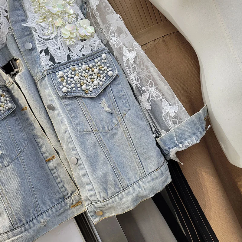 

SeeBeautiful Man-made Pearl Lace Sequins Stitching Loose Denim Coat Lapel Long Sleeve Button New Fashion 2021 Spring Women E235