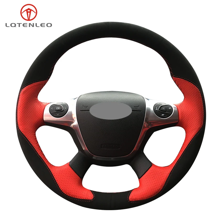 

LQTENLEO Black Suede Red Leather Steering Wheel Cover For Ford Focus 3 2011-2014 KUGA Escape 2013-2016 C-MAX 2011-2018 Transit