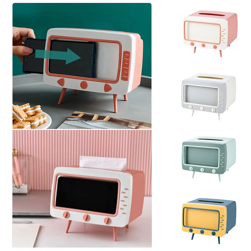 

Cute Creativity Tissue Box TV Shaped Multifunctional Paper Napkin Storage Container Mobile Phone Holder Plastic Tissue Case