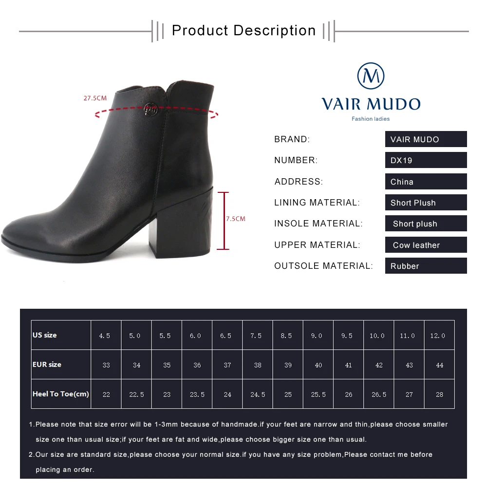 

VAIR MUDO Ankle Boots Shoes Women Genuine Leather Thick Heels Cow Leather Factory Sale Handmade Shoe Women Boots Pointed DX19