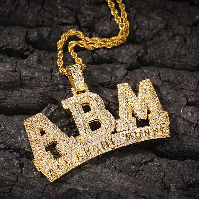 

Hip Hop AAA Cubic Zirconia Bling Iced Out All About Money ABM Letter Pendants Necklace for Men Hip Hop Rapper Jewelry Gold Color