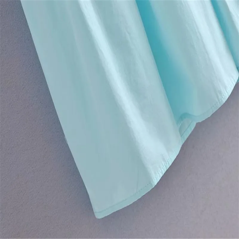 

Za 2021 Poplin Pleated Long Summer Dress Women Short Puff Sleeve Vintage Party Dress Woman Button Up Loose Sky Blue Dresses