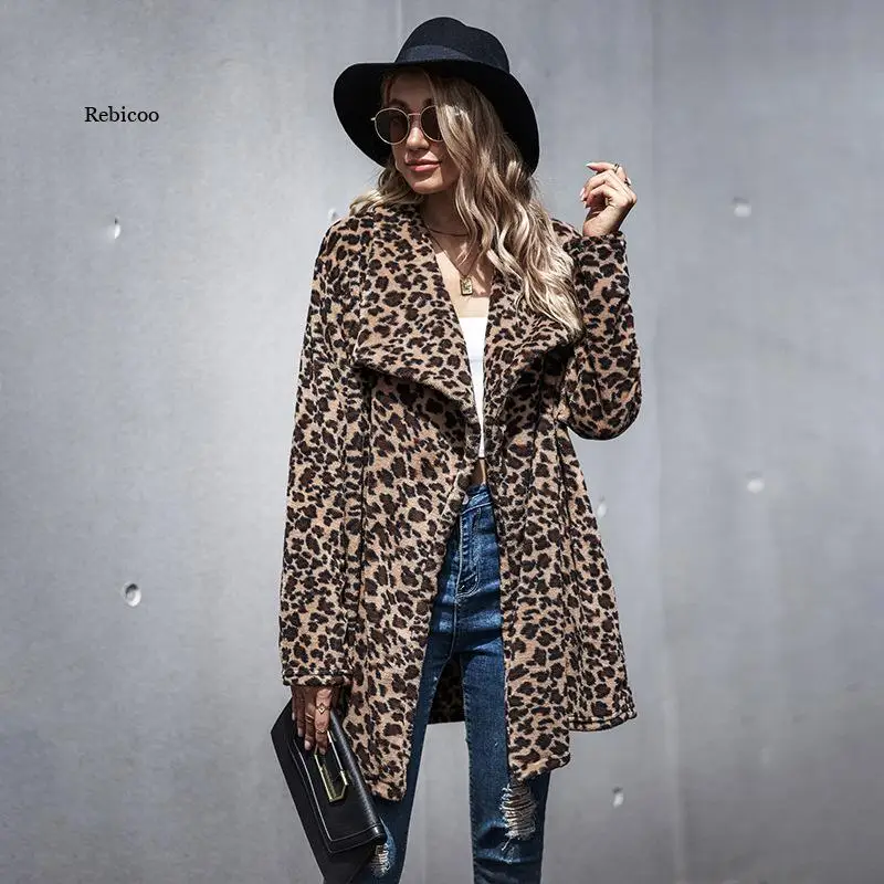 Женская свободная шерстяная куртка пальто с длинным рукавом и леопардовым