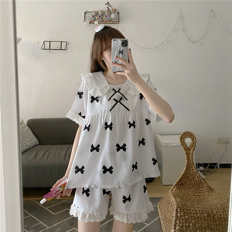 CAIYIER Summer Red Grid Pajamas Set Women Sweet Lace Short Sleeve Sleepwear Korean Gentle Girl Shorts Leisure Nightwear Homewear