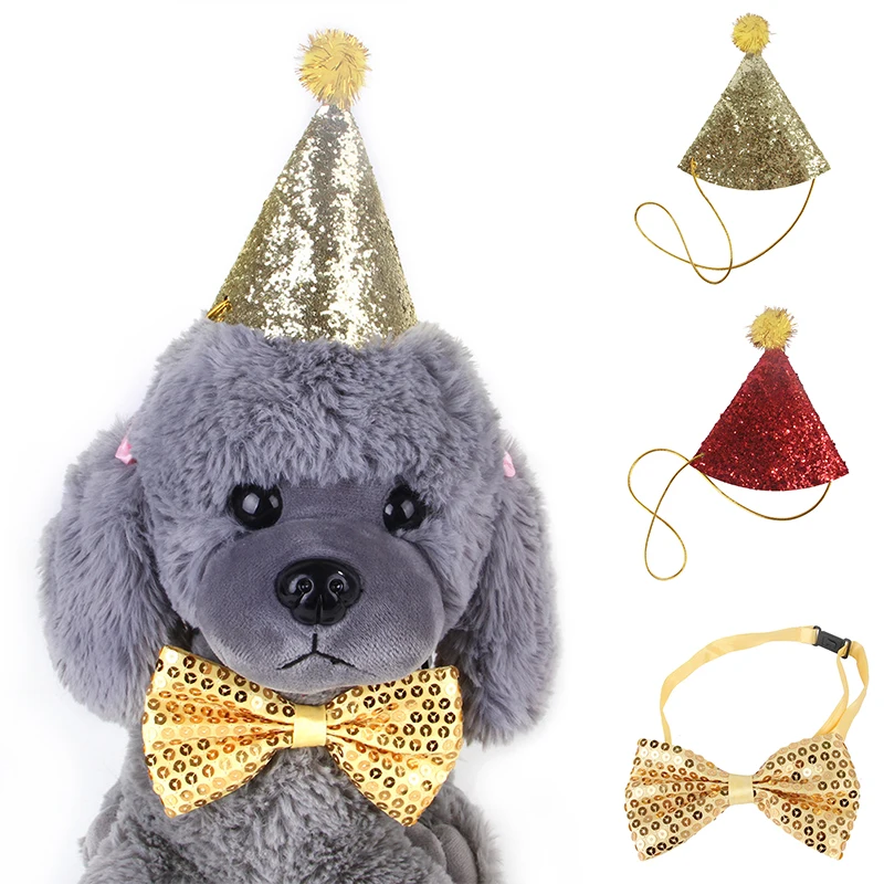 

2Pcs/Set Pet Birthday Party Caps With Bowknot Costume Hat Collar Sequin Design Headwear Cap Hat Christmas Party Pets Accessory