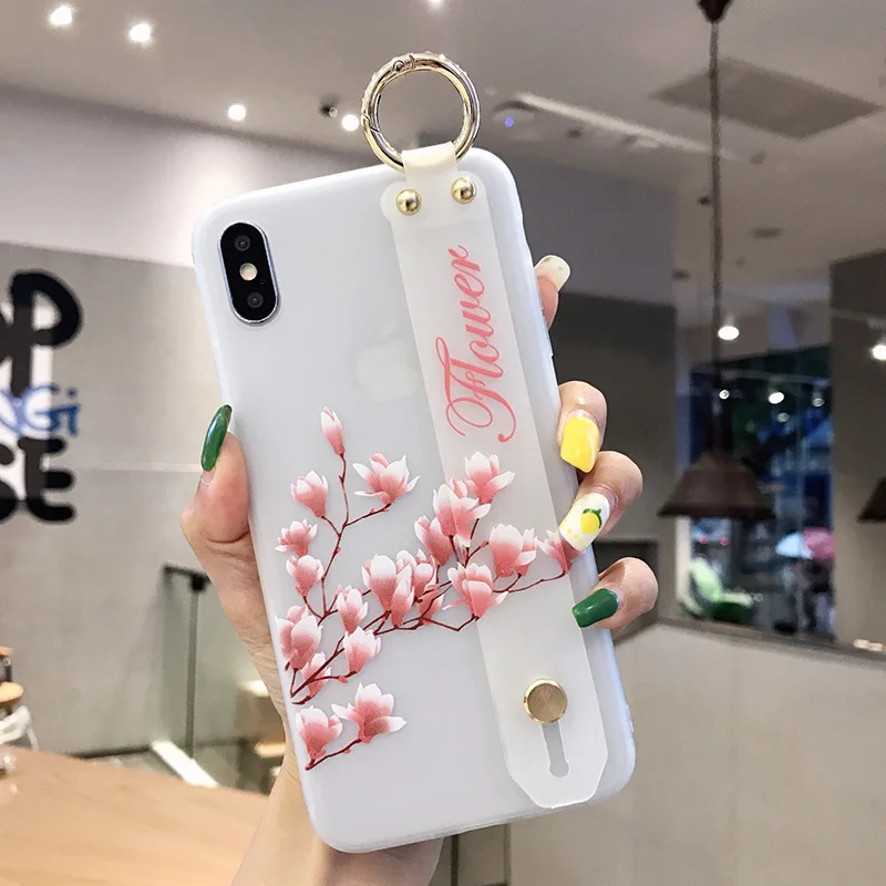 Мягкий чехол из ТПУ с ремешком на запястье для Red mi K20 Pro Note8 7 6 5A 4X, матовый чехол с подставкой для Xiaomi mi CC9 9 8 5X 6X, чехол с 3D рельефным цветком
