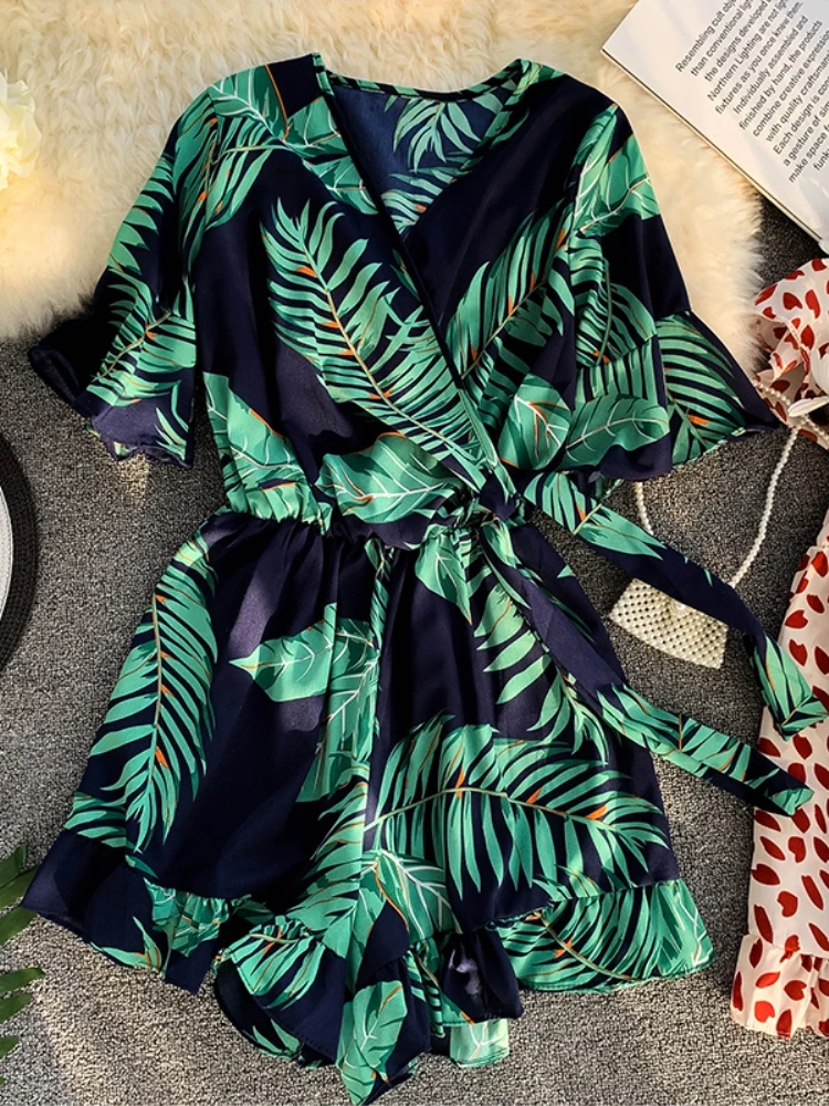 

women jumpsuits 2021 summer fashion clothes beach V-neck ruffled loose chiffon playsuit rompers womens one piece jumpsuit shorts