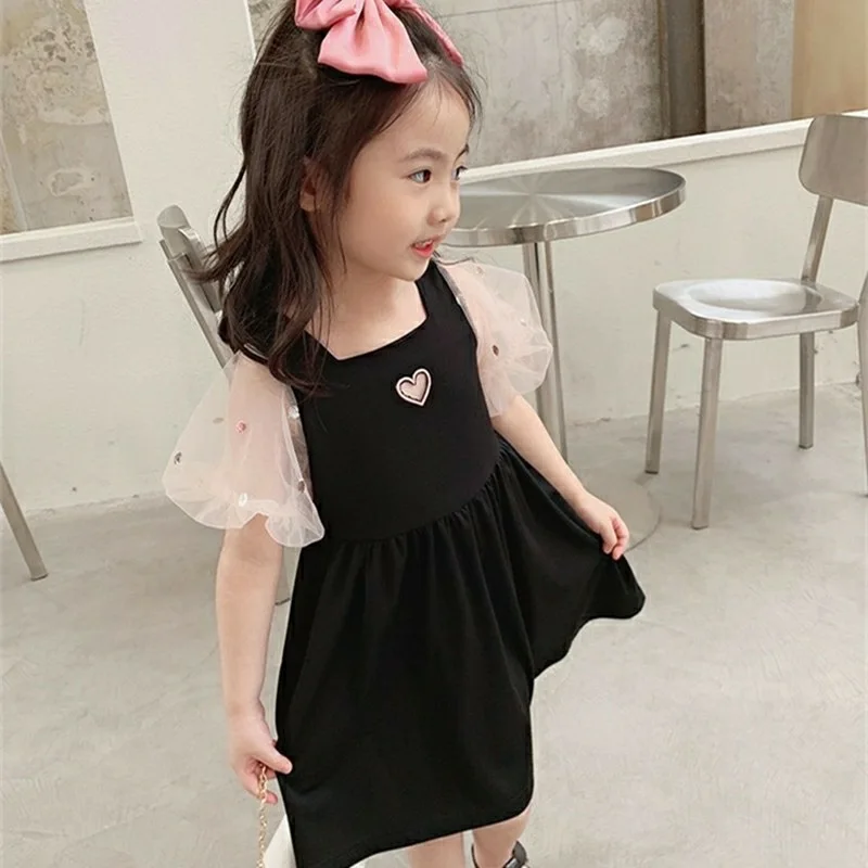 

Летнее Сетчатое платье с коротким рукавом для девочек, модные детские платья принцессы с пышными рукавами, детская одежда в Корейском стиле...