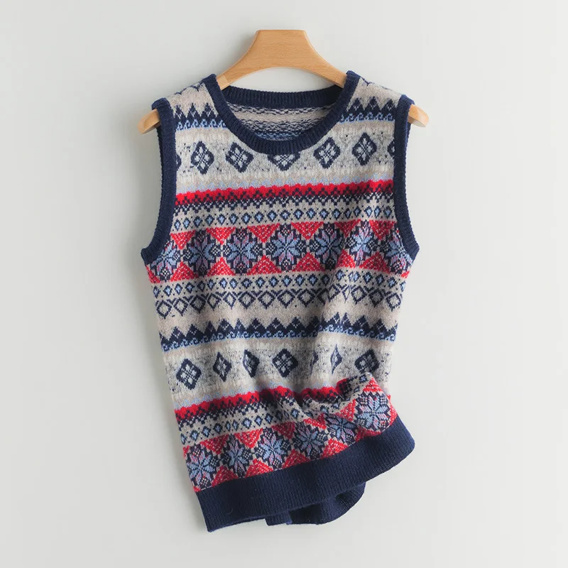 

2020 осень-зима новые женские с круглым вырезом кашемировый жилет Ретро жаккардовый вязаный свитер жилет без рукавов все-матч 100% шерстяная ко...