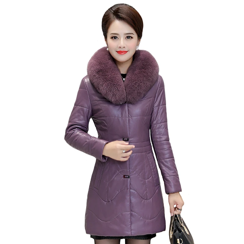 Женская кожаная куртка зимние парки из искусственной кожи с капюшоном и меховым