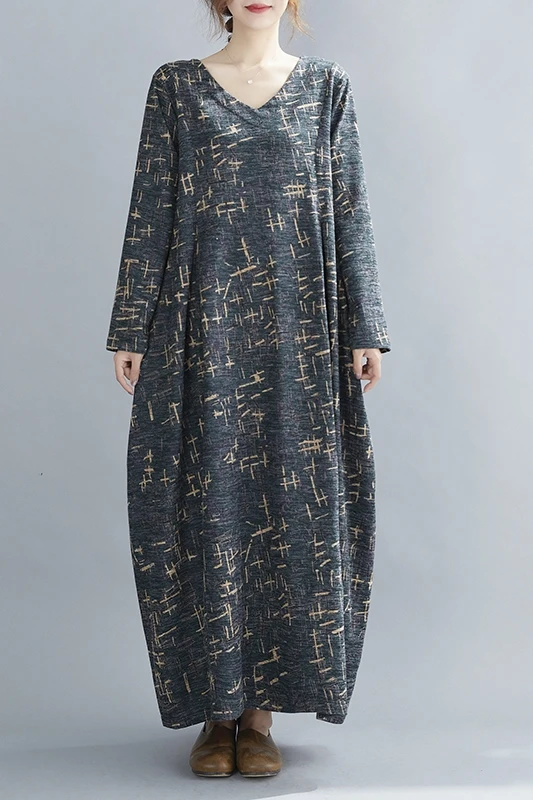 

COIGARSAM Full Sleeve Women Long dress New Loose Upset V-Neck Dresses 9313